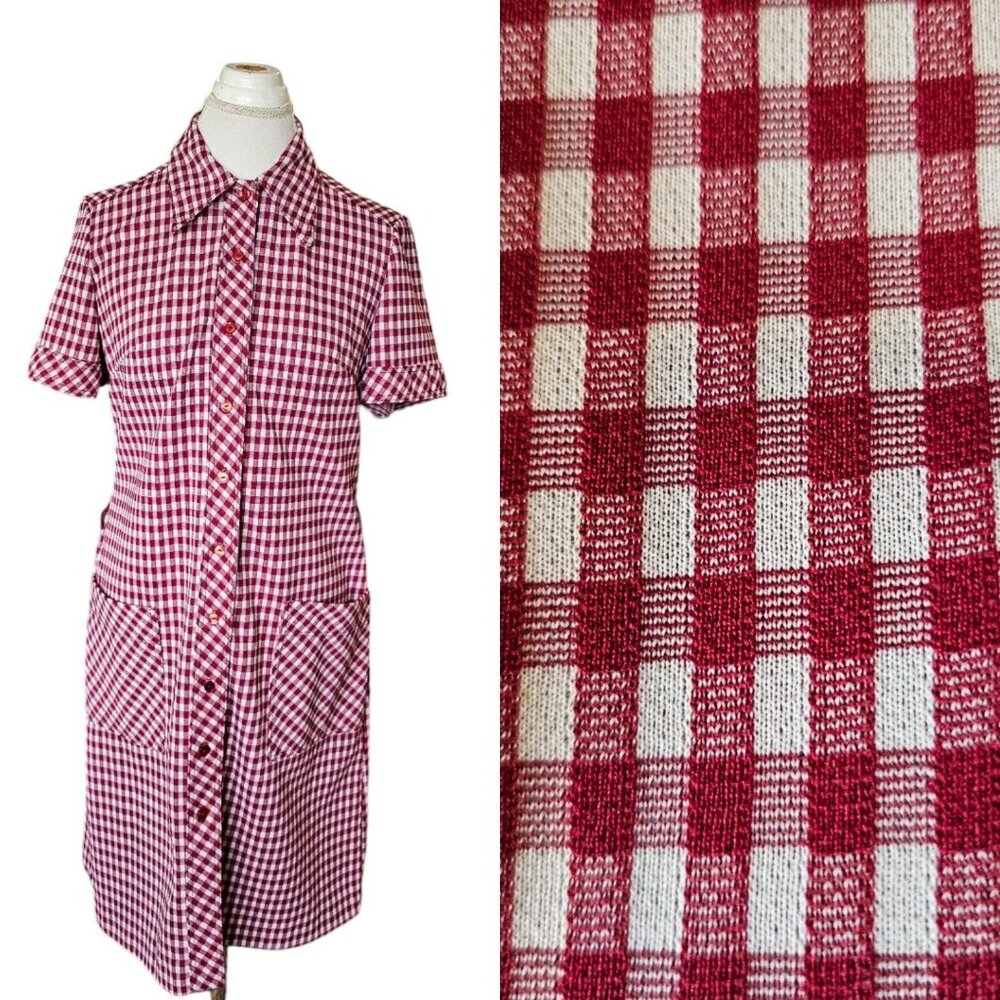 Vintage 70s Womens Shirt Dress Size 10 Gingham Plaid Button Down Casual Red